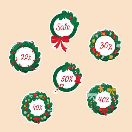 Christmas wreath illustration set for shopping sale. Vector stock illustration isolated on background for print tags, greeting card, sales label.のイラスト素材