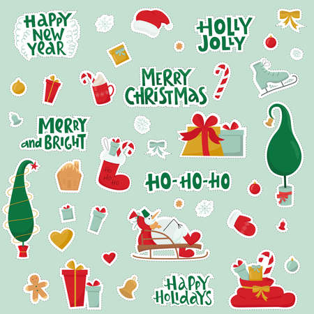 Christmas gift stickers set with handwritten lettering sign and decorative elements. Vector stock illustration isolated on white background for print.のイラスト素材