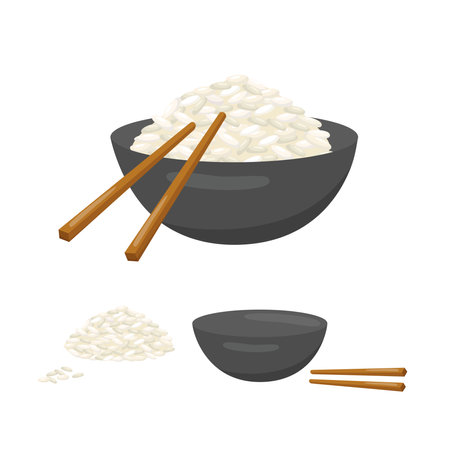 Rice bowl with chopsticks. Vector stock illustration isolated on white background for packaging, menu design Asian cuisine. Realistic traditional dish in cartoon style.のイラスト素材