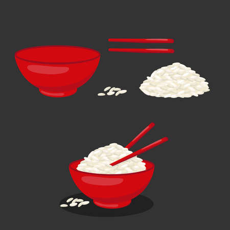 Rice bowl with chopsticks. Vector stock illustration isolated on black background for packaging, menu design Asian cuisine. Realistic traditional dish in cartoon style.のイラスト素材