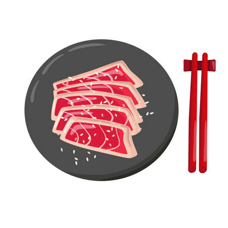 Tuna fish fillet steak on the plate, chopsticks. Vector stock illustration isolated on white background for recipe book, restaurant menu, packaging design.のイラスト素材