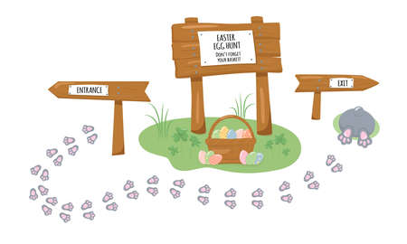 Wooden sign board with texture in cartoon style - invitation for Easter egg hunt. Vector stock illustration isolated on white background for information post.のイラスト素材