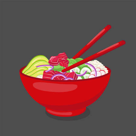 Tuna poke bowl illustration Hawaiian cuisine with chopsticks. Vector stock illustration isolated on black background for menu fast food restaurant with healthy, bio, organic meals.のイラスト素材