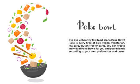 Flying poke bowl ingredients with hand written lettering and text. Healthy food concept. Vector stock illustration for banner, menu fast food restaurant, isolated on white background.のイラスト素材