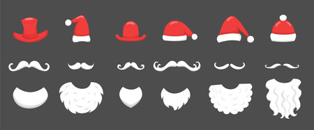 Christmas Santa hats, moustache, beard set for photo prop box. Vector stock illustration isolated on background for photo booth winter holiday industry.のイラスト素材