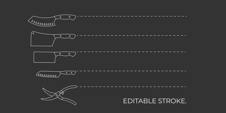 Chef knifes with cutting dotted line set. Editable stroke. Vector stock illustration isolated on black chalkboard background for design packaging.のイラスト素材