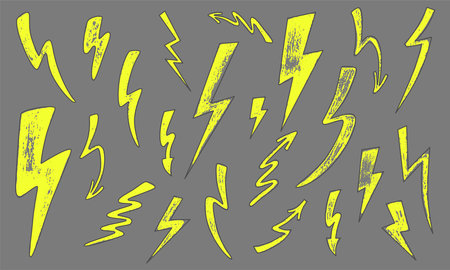 Lightning set with hand drawn grunge texture. Vector stock illustration isolated on white background for design template poster, banner, presentation.のイラスト素材
