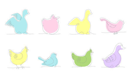 First spring birds set hand draw continues one line. Vector stock illustration isolated on white background for wedding, Easter invitation or greeting card. Editable stroke.のイラスト素材