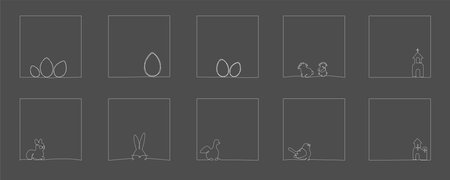 Easter continuous one line hand drawing frames pack. Vector illustration isolated on black background for post in social media, invitation, greeting card. Bunny, bird, sheep, church. Editable strokeのイラスト素材