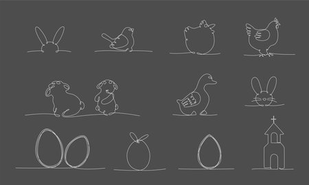 Easter continues one line pack. Vector stock illustration set isolated on black chalkboard background for design template egg hunt, invitation, greeting card, menu. Editable stroke single line.のイラスト素材