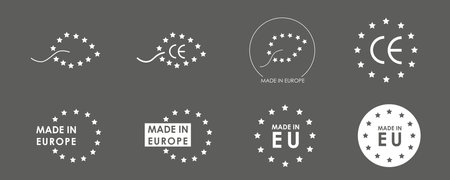 Made in Europe logo pack. Vector stock graphic illustration set isolated on black chalkboard background for packaging design, print label or tag.のイラスト素材