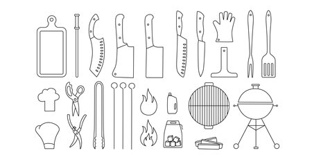 Barbecue, grill tools outline set. Editable stroke. Vector stock illustration isolated on white background for design packaging, logo, menu in restaurant.のイラスト素材