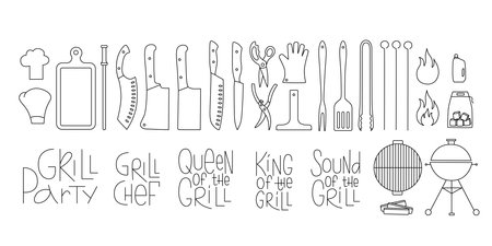 Barbecue, grill tools with handwritten lettering sign outline set. Editable stroke. Vector stock illustration isolated on white background for design packaging, logo, menu in restaurant.のイラスト素材