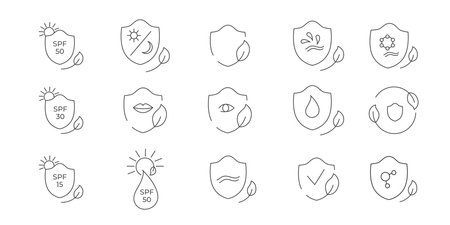 SPF 50, 30, 15 sun protection icon set. Vector stock illustration isolated on white background for packaging design sunscreen face cream, body lotion, hair shampoo.のイラスト素材