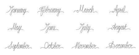 Month name continues single line set. Vector handwritten signs pack isolated on white background for...