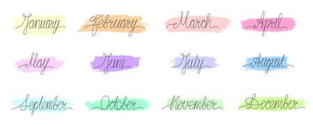Month name continues single line set on brush stroke. Vector handwritten signs pack isolated on white background for print calendar, planner, diary. Editable stroke.のイラスト素材