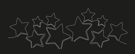 Christmas composition with stars. Hand drawing continues one single line. Vector stock illustration isolated on black background for invitation, card, presentation, frame or border. Editable stroke.のイラスト素材