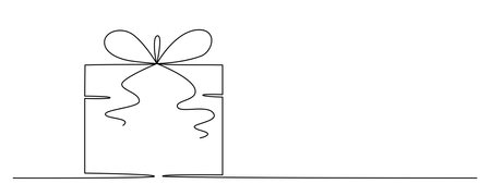 Gift box with bow hand drawing single line. Vector stock illustration isolated on background for design template Christmas, wedding or birthday banner, invitation, greeting card. Editable strokeのイラスト素材