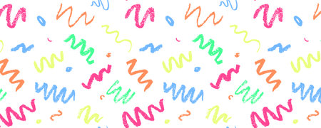 Confetti squiggle scribble seamless pattern. Vector stock hand draw crayon brush stroke illustration for design template abstract background kids birthday party banner.のイラスト素材