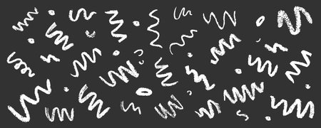 Confetti squiggle scribble. Vector stock hand draw crayon brush stroke illustration isolated on black chalkboard background for design template abstract background kids birthday party banner.のイラスト素材