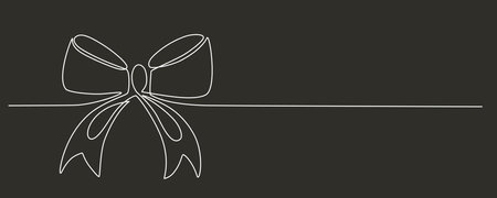 Tied ribbon bow hand drawing one line. Vector stock illustration isolated on black background for design template Christmas, Birthday greeting card, invitation or presentation. Editable stroke.のイラスト素材