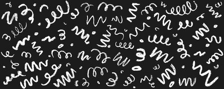 Confetti squiggle scribble set. Vector stock hand draw crayon brush stroke illustration isolated on black background for design template abstract background kids birthday party banner.のイラスト素材