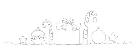 Christmas ball, gift box, candy can continues one single line hand drawing vector stock illustration, isolated on background for design winter holiday banner, card, invitation. Editable stroke.のイラスト素材