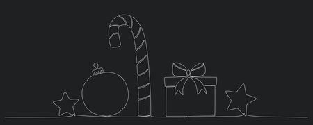 Christmas ball, gift box, candy can continues one single line hand drawing vector stock illustration, isolated on background for design winter holiday banner, card, invitation. Editable stroke.のイラスト素材