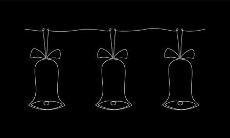 Christmas jingle bells hand draw one single line banner. Vector stock illustration isolated on black chalkboard background for design template winter greeting card, banner for sale. Editable stroke.のイラスト素材