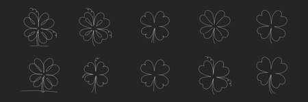 Clover flowers set for Saint Patrick day - good lucky symbol, single line. Vector stock minimalism illustration isolated on black background for design template invitation frame. Editable stroke.のイラスト素材