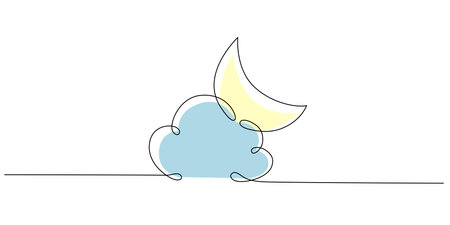 Moon and cloud - hand drawing one single continuous line banner. Vector stock illustration isolated on white background for design template weather forecast, travel blog. Editable stroke.のイラスト素材