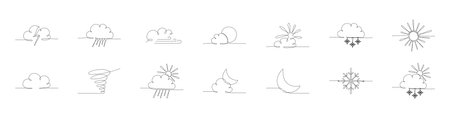 Weather one single line symbols set. Continuous editable stroke hand drawn line. Vector stock illustration isolated on white background for design template travel blog, meteorology forecast day.のイラスト素材