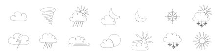 Weather one single line symbols set. Continuous editable stroke hand drawn line. Vector stock illustration isolated on white background for design template travel blog, meteorology forecast day.のイラスト素材
