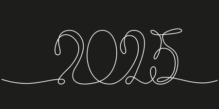 Decoration continuous line hand drawing sign for 2025 year calendar. Vector stock illustration minimalism design isolated on black chalkboard background. Editable stroke single line.のイラスト素材