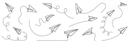 Hand drawing paper airplanes set. Vector stock illustration isolated on white background for design template business or education presentation, information banner. Editable stroke dash line.のイラスト素材