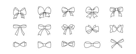 Hand drawn girly coquette bow ribbons set. Editable stroke line. Vector stock illustration isolated on white background for design template birthday, wedding, Christmas card, invitation, sale bannerのイラスト素材