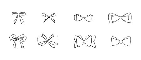 Chalk coquette bow with ribbon set. Hand drawn vector illustration isolated on black chalkboard background for design template present, wedding, Birthday, Christmas decoration or discount, sale.のイラスト素材