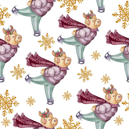 bull on a white background watercolor patternの写真素材