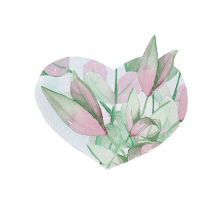 watercolor green, blue heart for the holiday on a postcard with a plantの写真素材