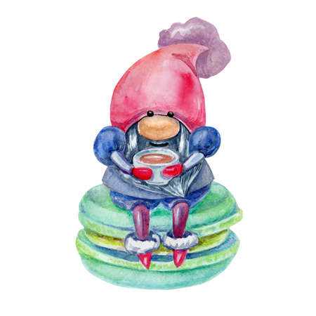watercolor gnome and green sweets on a white backgroundの写真素材