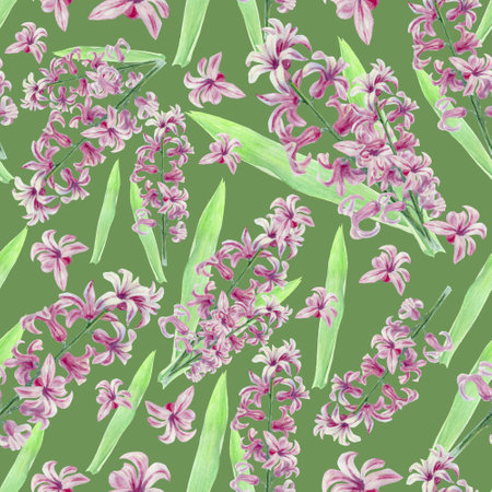 watercolor pattern with flowers pink hyacinths on a green backgroundの写真素材