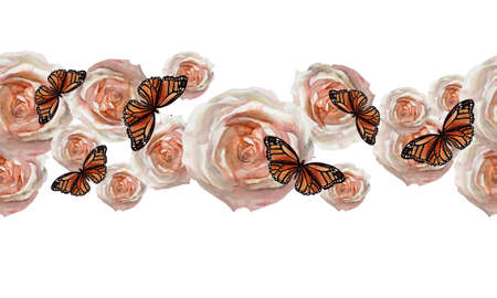 drawing of a postcard with watercolor orange butterflies and roses on a white background. patternの写真素材