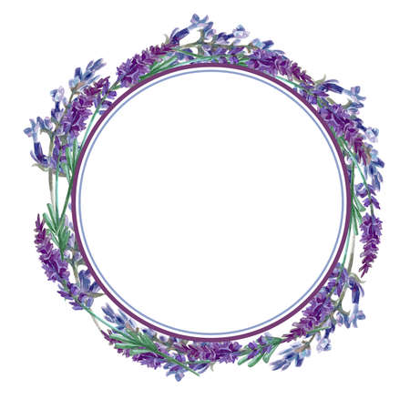 watercolor round frame with lavender on a white backgroundの写真素材