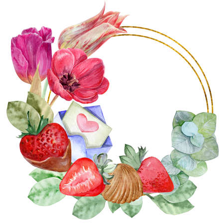 watercolor illustration round frame for valentine's day strawberries with chocolateの写真素材