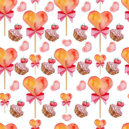 watercolor pattern for valentine's day, lollipops, cakesの写真素材