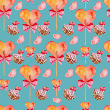 watercolor pattern for valentine's day, lollipops, cakes on a blue backgroundの写真素材