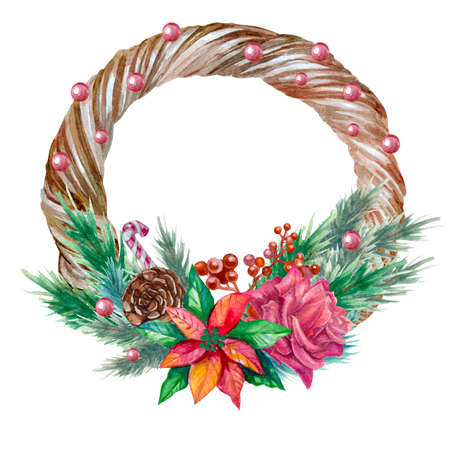 watercolor postcard green fir branches, round winter,new year frameの写真素材