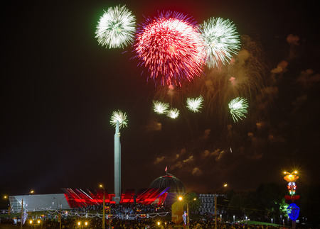 Minsk, Belarus - May 9, 2014  Victory Day fireworks and celebrations near obelisk Stella Minsk City-Heroのeditorial素材