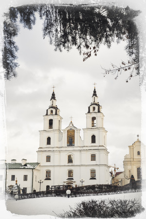 Winter view of the main orthodox church - Cathedral of Holy Spirit in Minsk, Belarusの写真素材