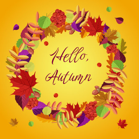 Autumn mood greeting card poster template. Card with images of leaves, acorns, rowan berries. Vector illustrationのイラスト素材